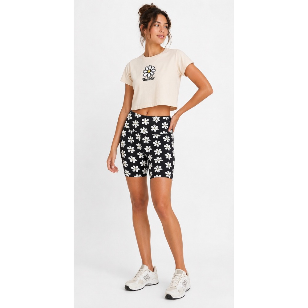 Levis Womens 2 Piece Set Peach Daisy Crop Top Black Floral Biker Shorts Small